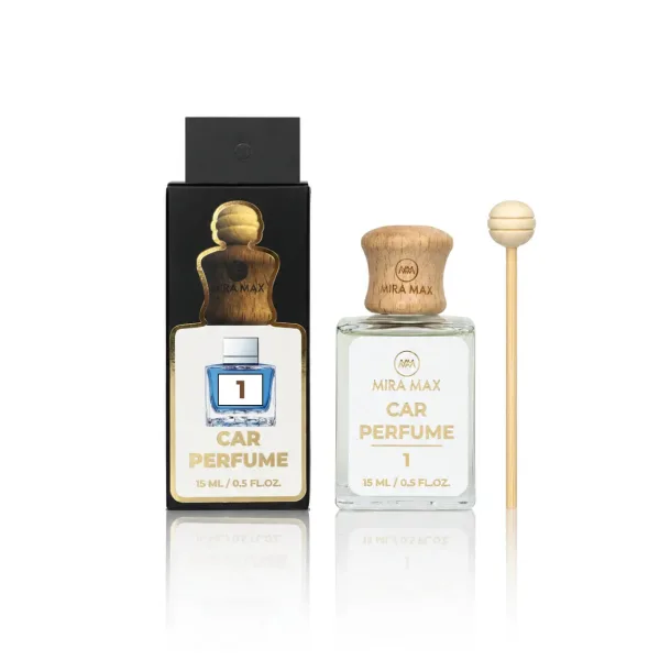Mira Max Car Perfume 1 set: black box with gold-edged label, blue liquid perfume bottle, and wooden cap bottle with matching wand