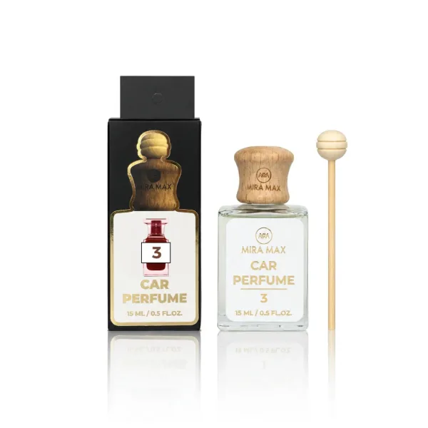 Mira Max car perfume set: glass bottle with wooden cap and wand beside a black box with gold label.