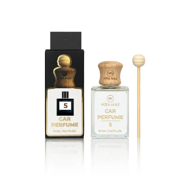 Mira Max Car Perfume 5 bottle with wooden cap beside its black box and a wooden atomizer wand.
