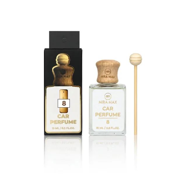 Mira Max Car Perfume set: clear glass bottle with wooden cap and gold text beside a black box and a wooden applicator wand with a round end.
