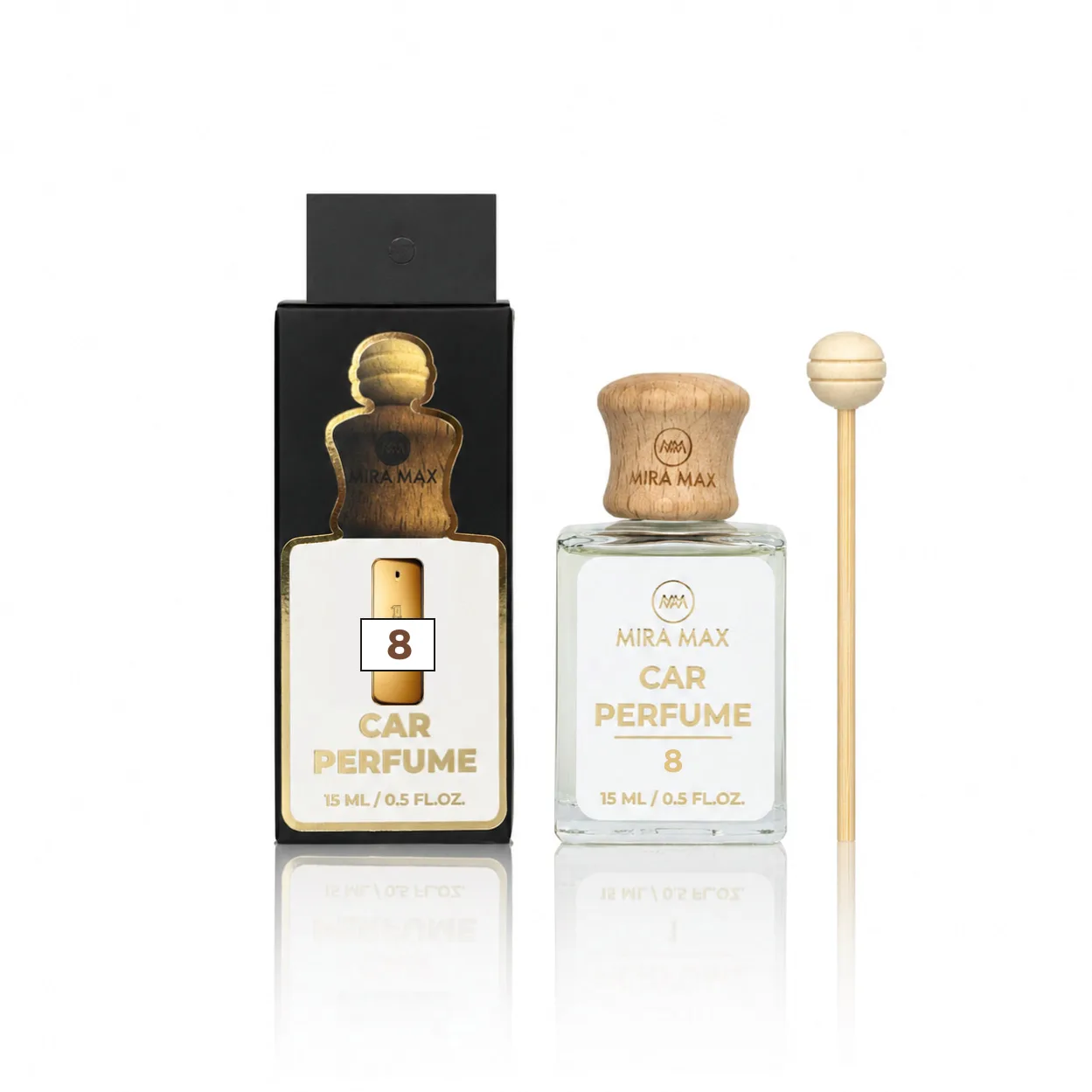 Mira Max Car Perfume set: clear glass bottle with wooden cap and gold text beside a black box and a wooden applicator wand with a round end.