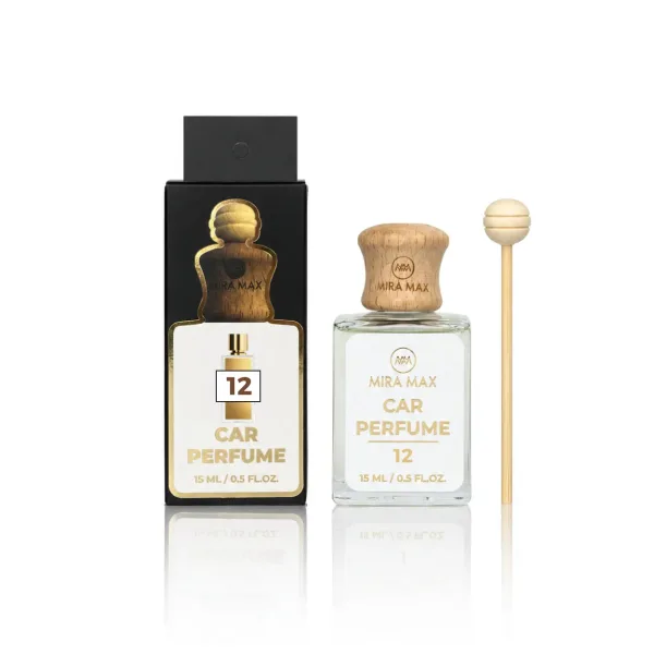 Mira Max Car Perfume 12 display: a glass bottle with wooden cap, white label, and a matching wand beside it, boxed in black packaging.