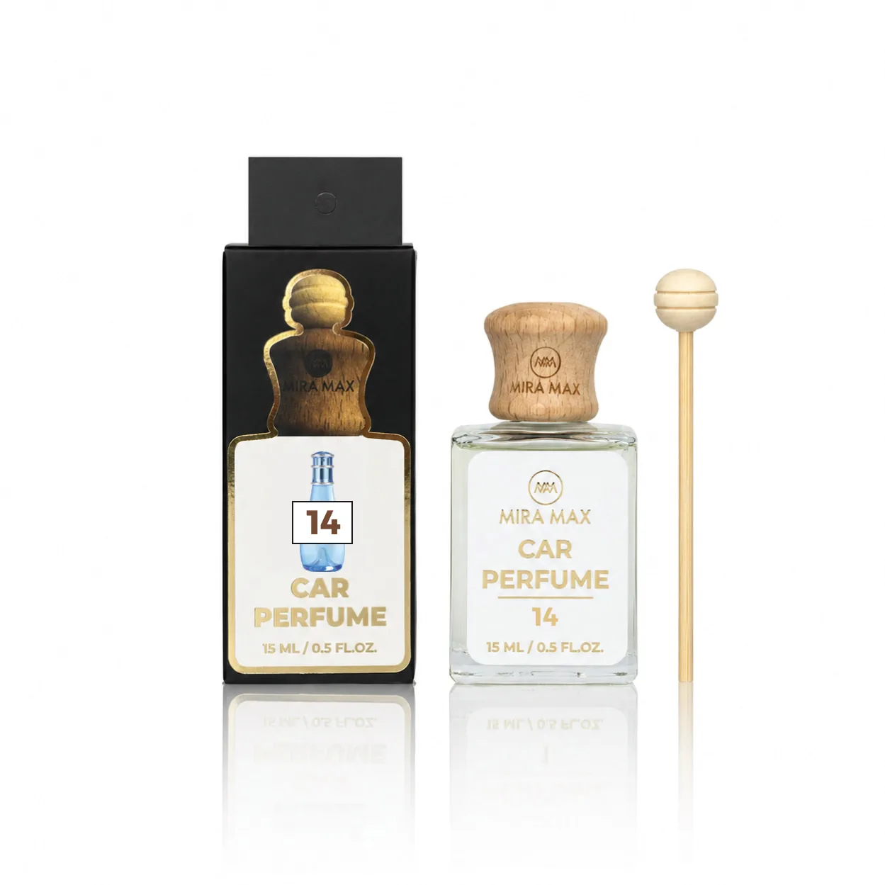Mira Max Car Perfume 14 set: glass bottle with wooden cap and wand, shown with its black box.