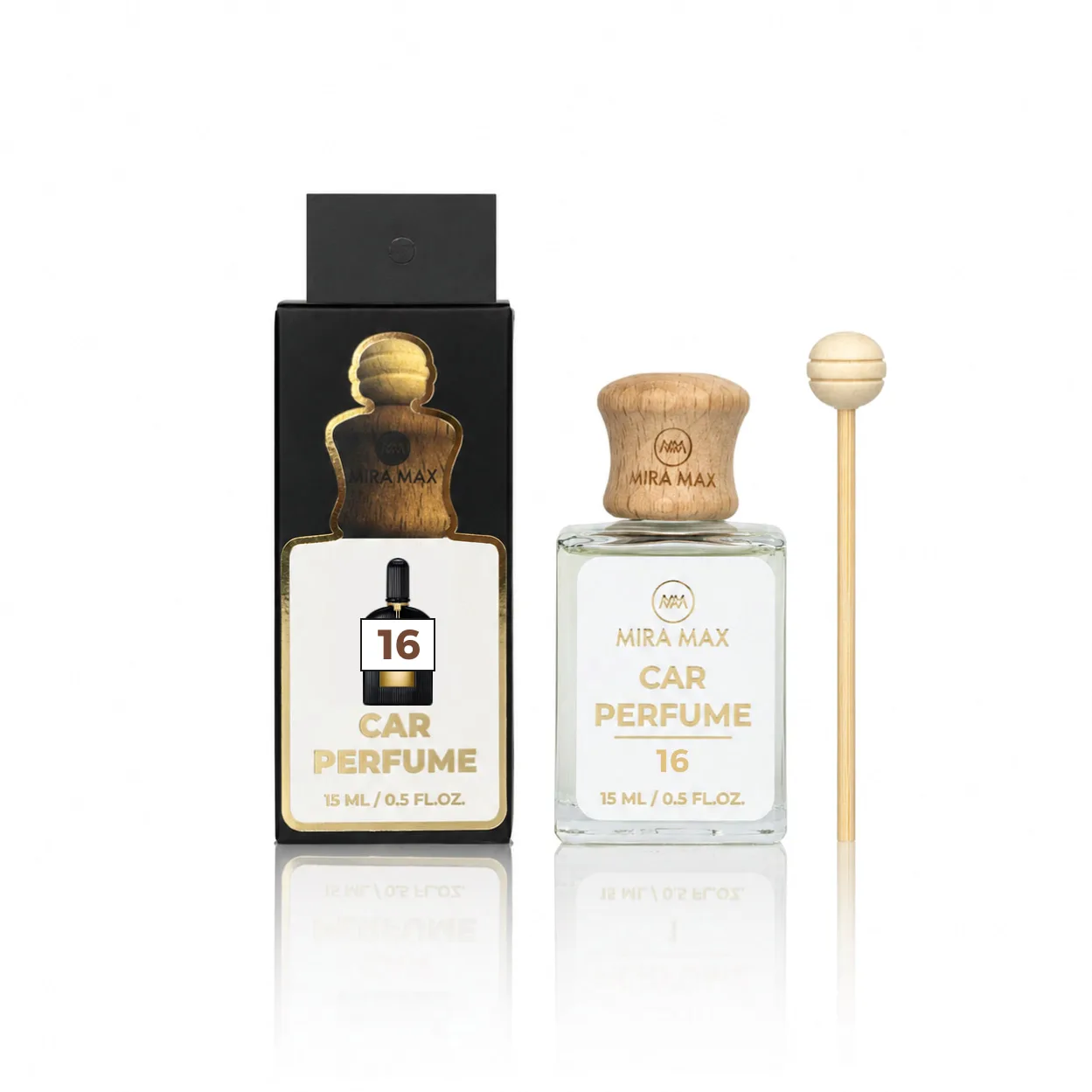 Mira Max car perfume set: a square glass bottle with wooden cap and a separate black box, plus a wooden atomizer wand; labels read ‘CAR PERFUME 16’ and gold branding.